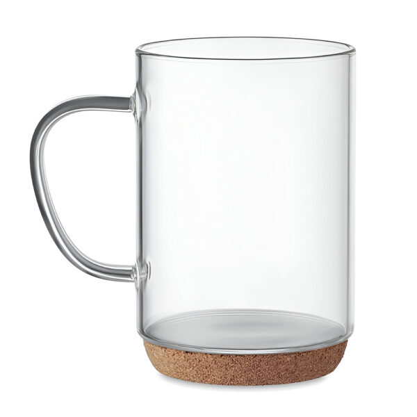 Taza de vidrio con base de corcho