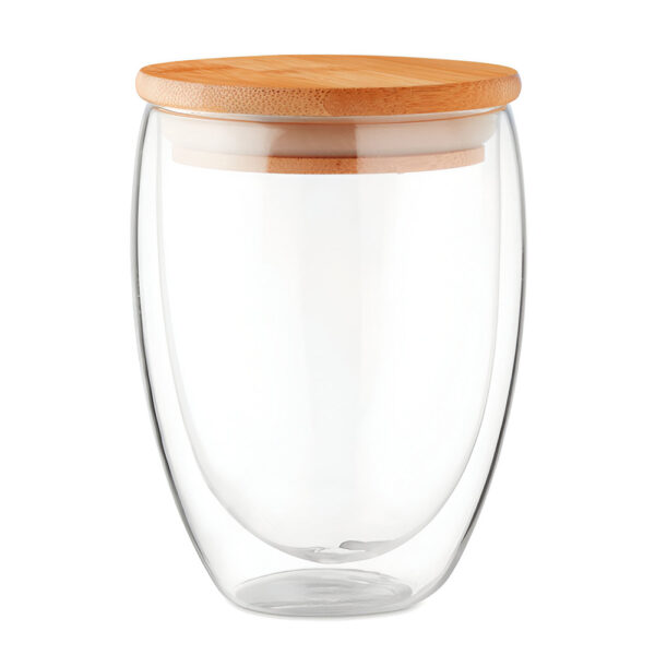 Vaso de vidrio doble pared con tapa de bambú